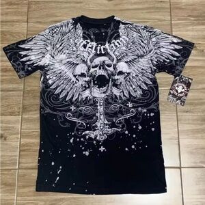 Affliction Black & White Winged Skull Graphic Tee